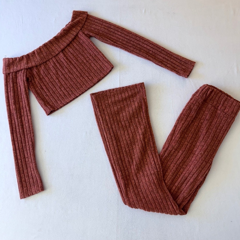 Hyfve Rust Orange Ribbed Knit 2 Piece Set Off‎ Shoulder Crop Top Flare Pants M